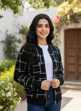 Black Printed Zipper Jacket For Women