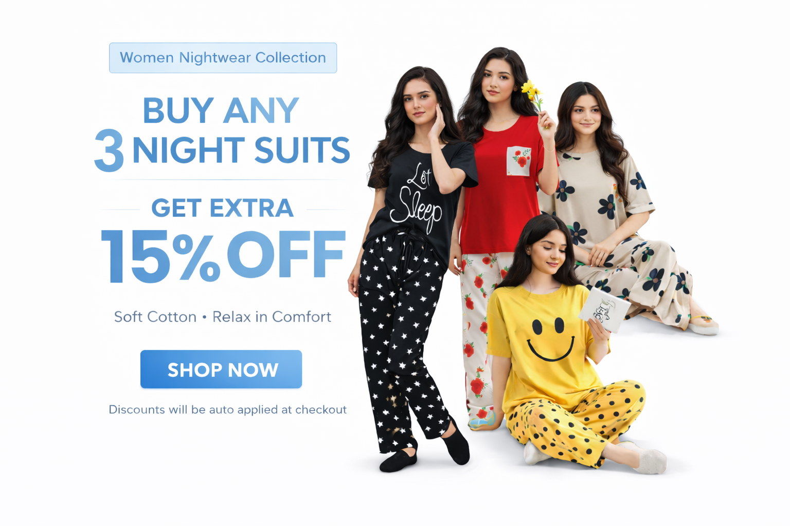 Promotional banner for women's nightwear collection with four models wearing different night suits.