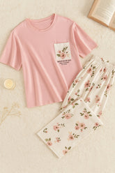 Pink Flower Printed Pocket Half Sleeves Shirt and White Flower Printed Trouser Night Wear