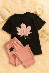 Leaf Printed Black Shirt And Pink Trouser