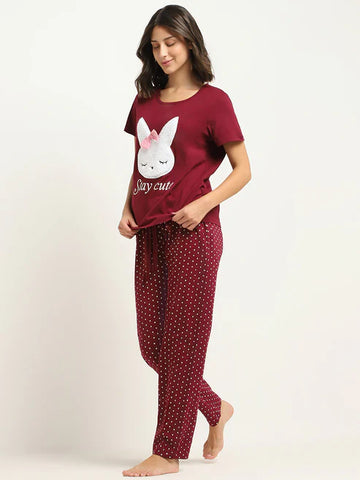 Maroon Stay Cute Printed Nightwear