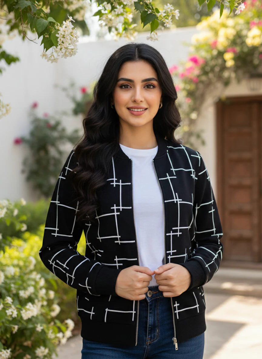 Black Printed Zipper Jacket For Women