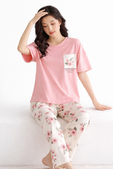 Pink Flower Printed Pocket Half Sleeves Shirt and White Flower Printed Trouser Night Wear