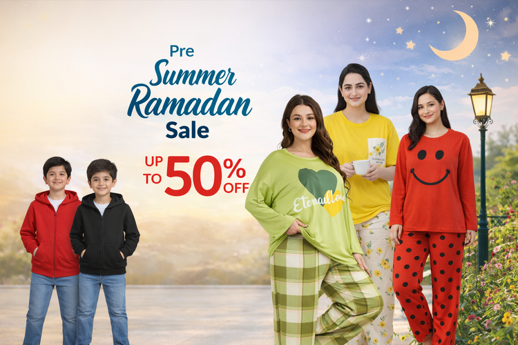 Promotional image for a Pre Summer Ramadan Sale with people in casual clothing and a scenic background.