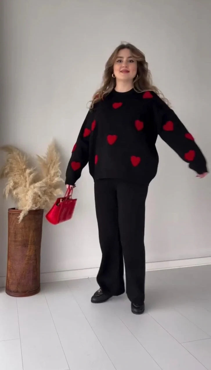 Cozy Heart Fleece Co-Ord Set – BLACK
