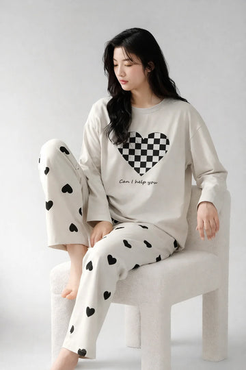 Grey Puzzle Heart Printed Nightwear