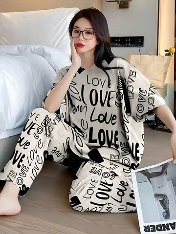 Drop Shoulder Love Printed Nightwear