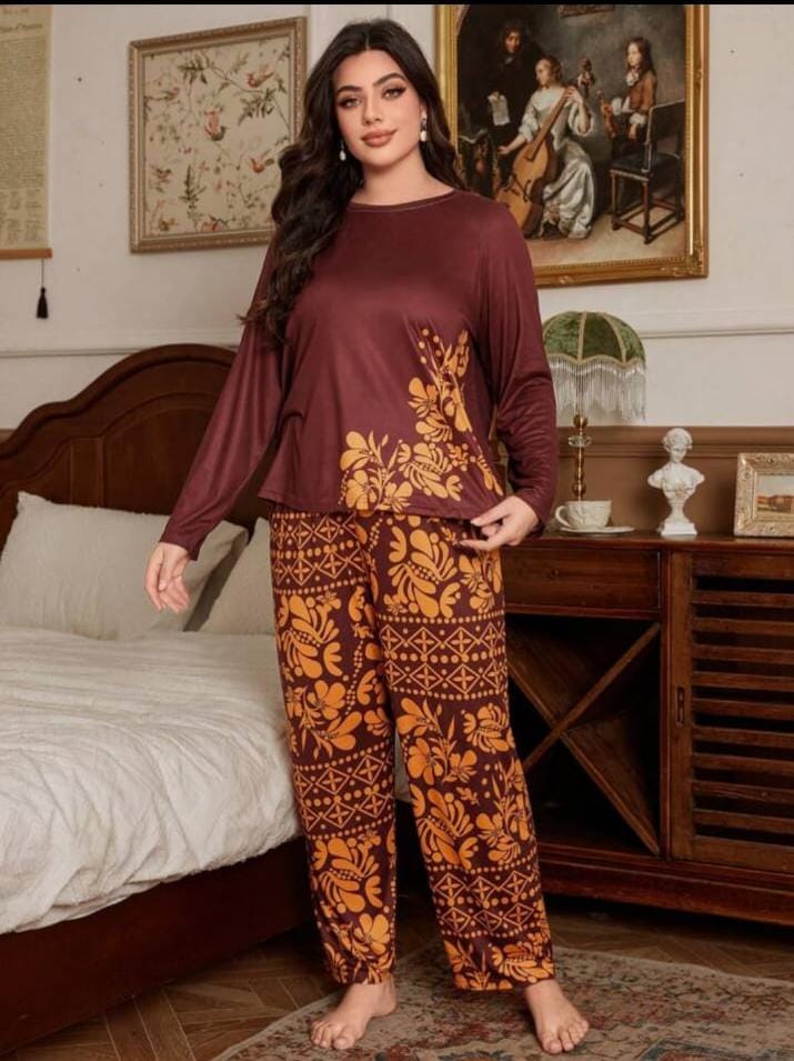 Maroon Leaves Printed NIGHTWEAR