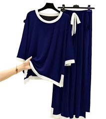 Navy Blue White Round Neck Plazzo PJ Set