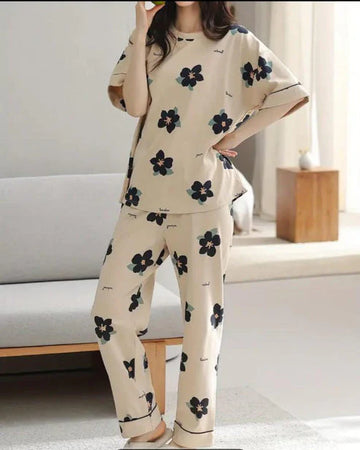 Brown All Over Black BIG Flowers Printed Nightwear