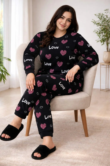 Black & Red Love Heart Printed Nightwear