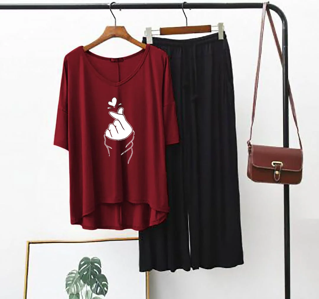 Plain Red K-Pop Heart V Neck T Shirt with Black Plazzo