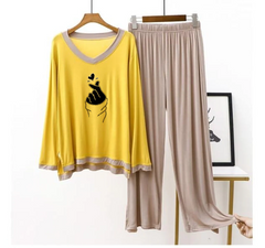 Yellow K-Pop Heart-Neck T Shirt with Contrast Trouser PJ Set