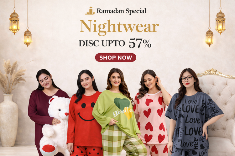 Promotional banner for Ramadan nightwear with models wearing various designs and a discount offer.