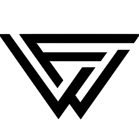 Black geometric logo on a white background