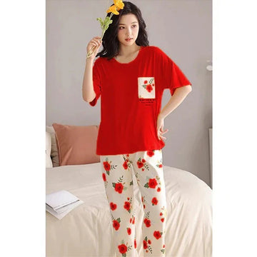 Red Pocket Flower Printed Nightwear