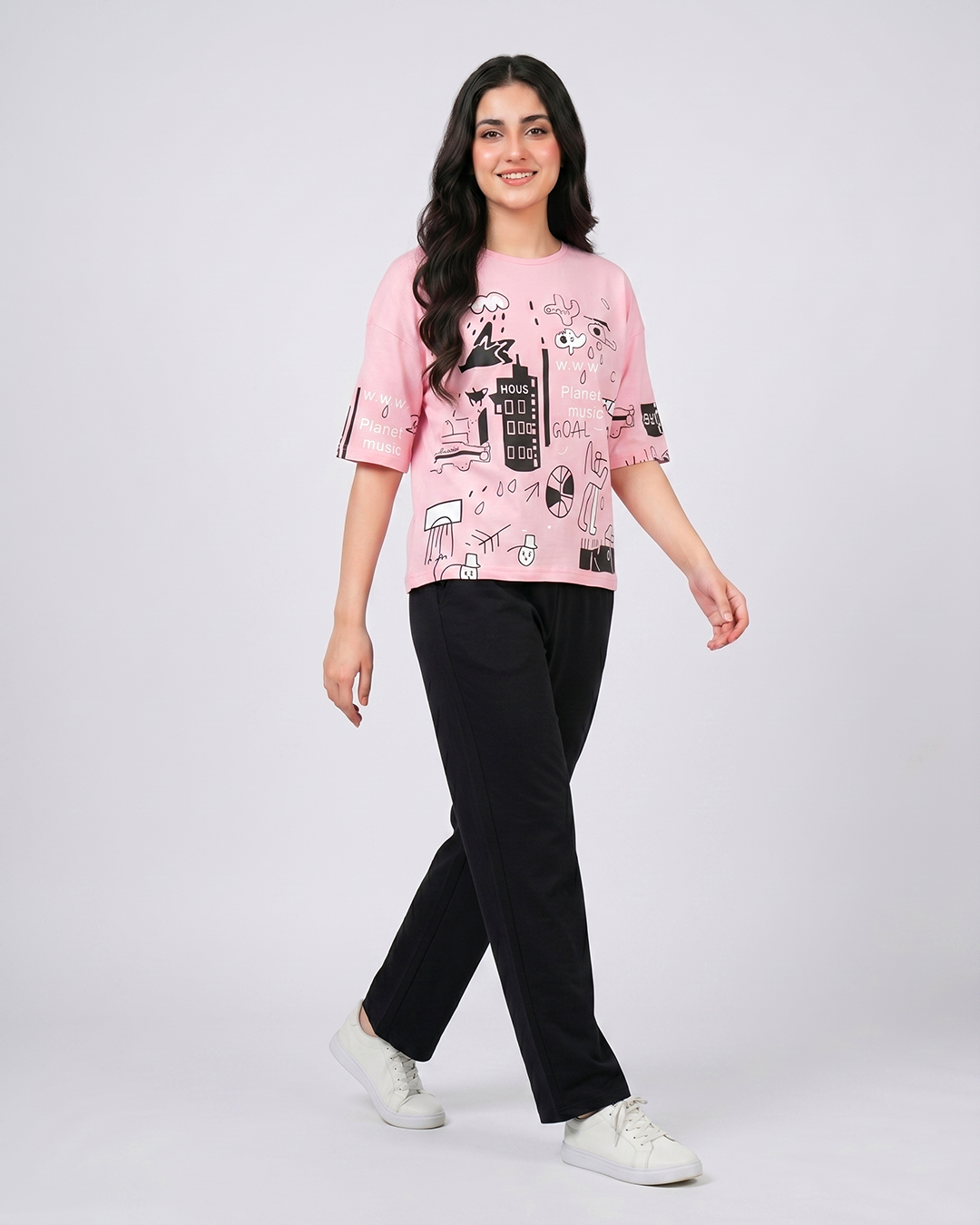 Pink Planet Music With Black Pajama Printed Nightwear
