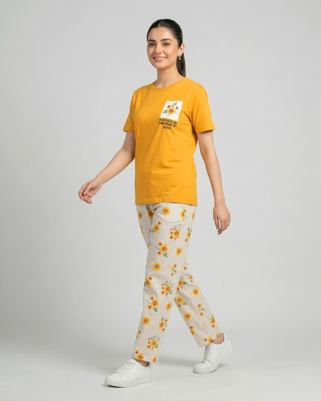 Yellow Flower Printed Cotton Nightwear for Women
