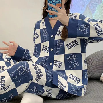 White with Blue Doraemon V-Neck Button Printed Nightwear