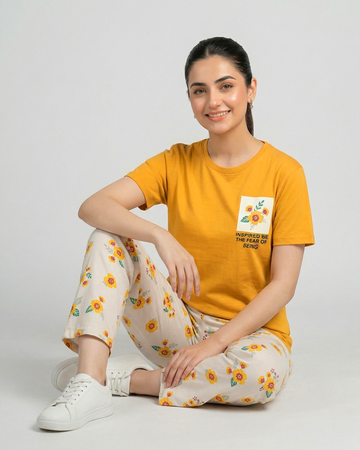 Yellow Flower Printed Cotton Nightwear for Women