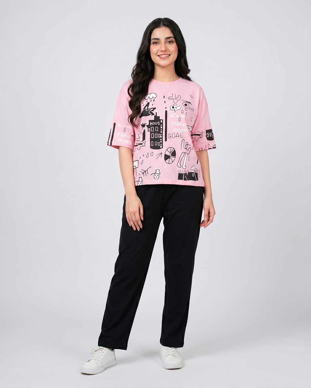 Pink Planet Music With Black Pajama Printed Nightwear