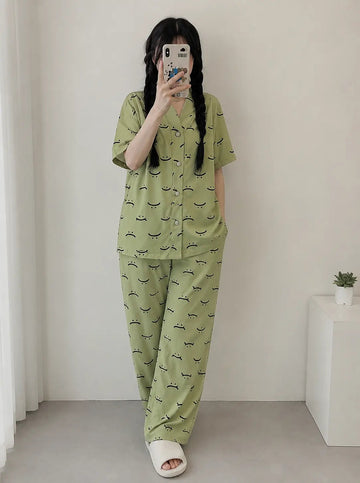 Green Autumn Smiley Button V-Neck Printed Nightwear