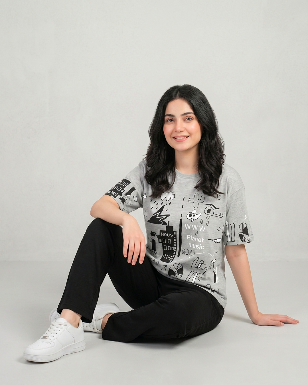 Grey Planet Music With Black Pajama Printed nightwear