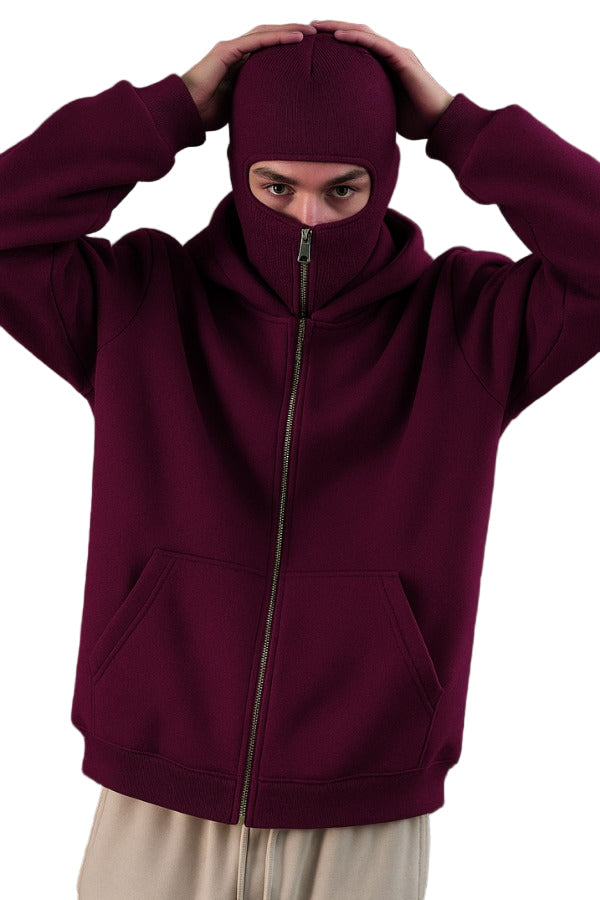 Maroon Balaclava Ninja Zipper Hoodie Jacket