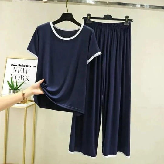 Dark Blue Tshirt With White Round Neck And Plaazzo Pajama (Half Seleeve)