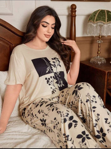 CREAM LEAVES PRINTED NIGHTWEAR