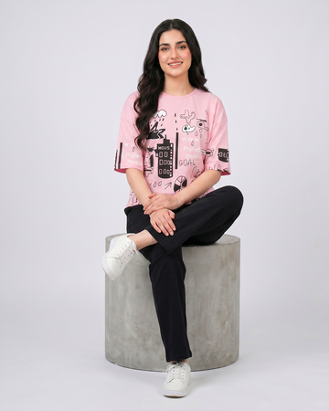 Pink Planet Music With Black Pajama Printed Nightwear