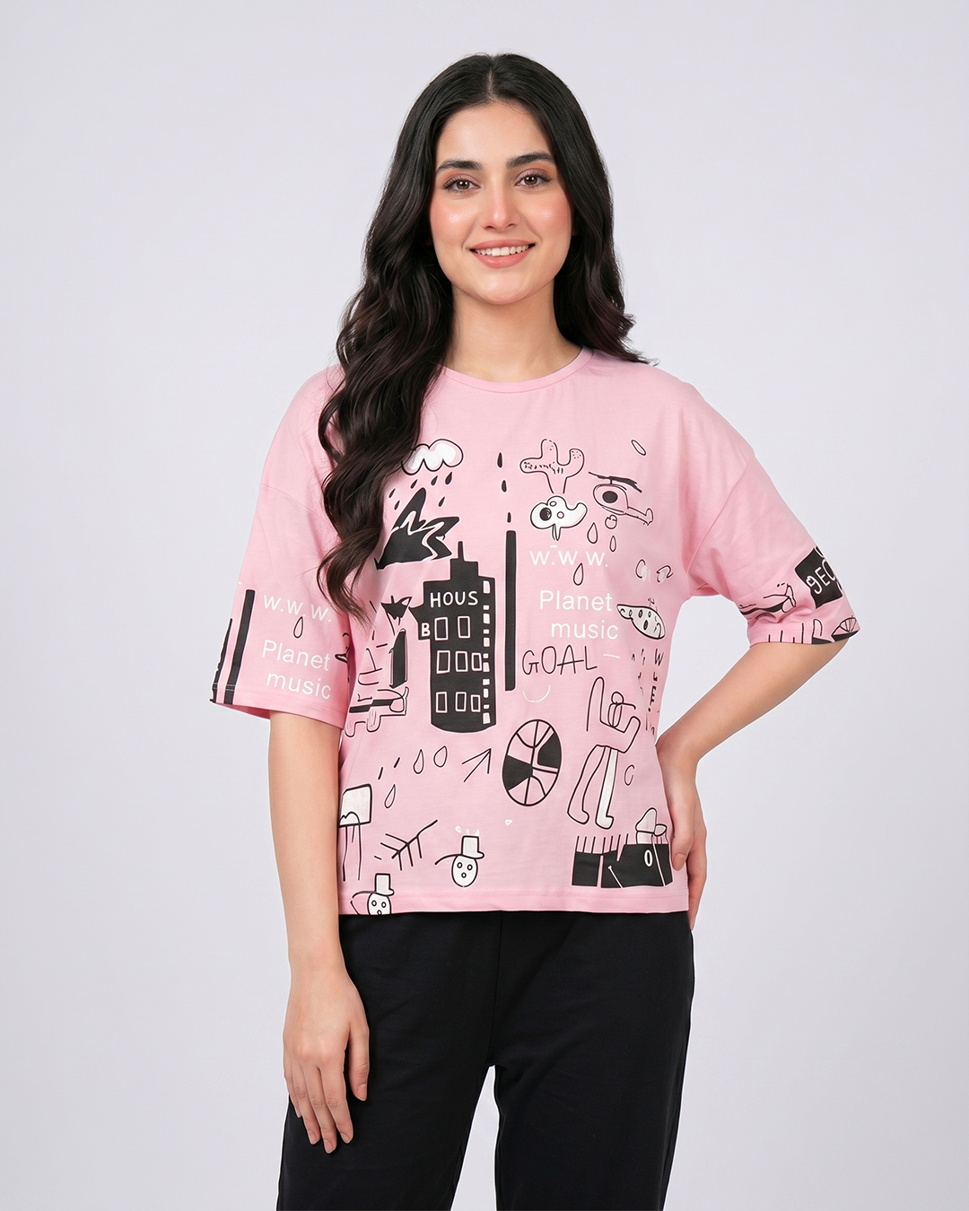 Pink Planet Music With Black Pajama Printed Nightwear