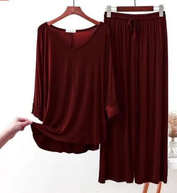 Maroon V-Neck Women Night Suit