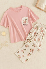 Pink Flower Printed Pocket Half Sleeves Shirt and White Flower Printed Trouser Night Wear