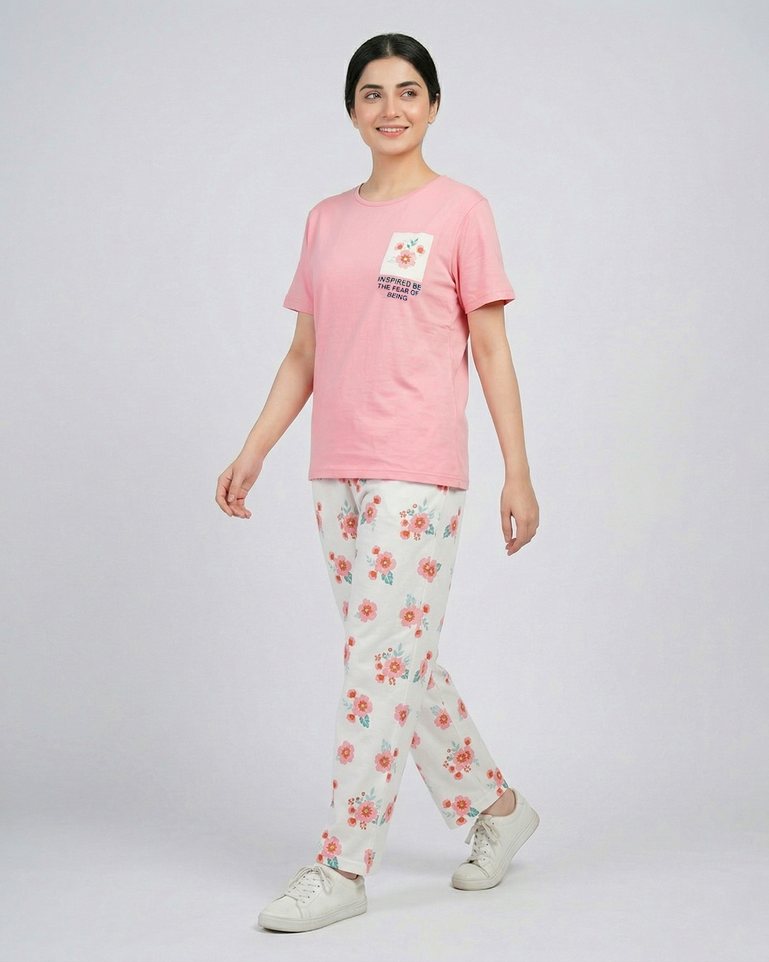Pink Flower Printed Pocket Half Sleeves Shirt and White Flower Printed Trouser Night Wear