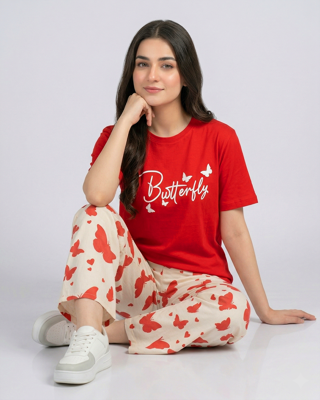 Mehroon Small Butterfly Printed Nightwear