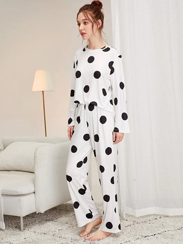 White Black Dotted Printed Night Suit