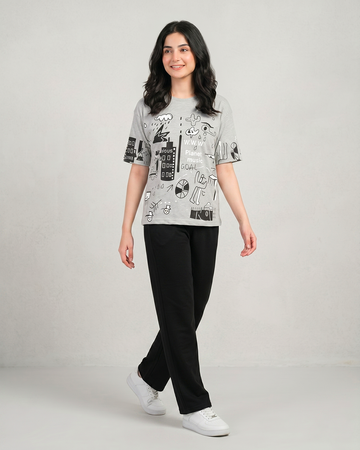 Grey Planet Music With Black Pajama Printed nightwear