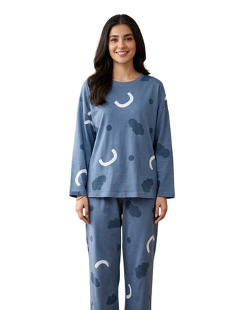Blue Pattern Printed Nightwear