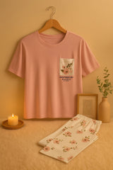 Pink Flower Printed Pocket Half Sleeves Shirt and White Flower Printed Trouser Night Wear