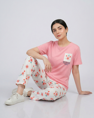 Pink Flower Printed Pocket Half Sleeves Shirt and White Flower Printed Trouser Night Wear