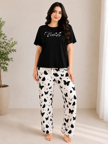 Black Small Butterfly Printed Nightwear
