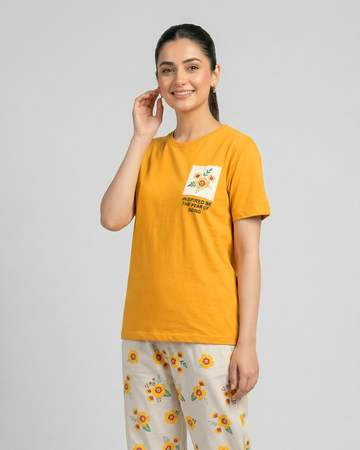 Yellow Flower Printed Cotton Nightwear for Women