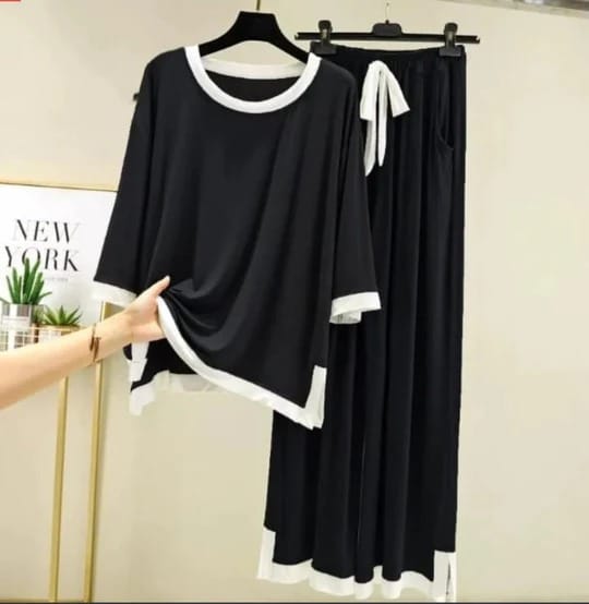 Black White Round Neck Plazzo Night Suit